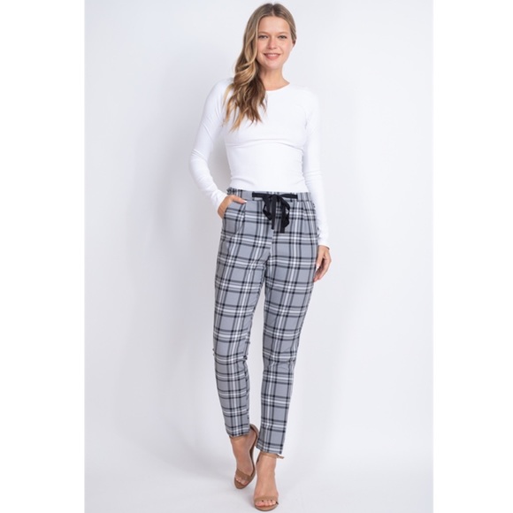 Black Gray and White Plaid Slim Fit Drawstring Trousers - Picture 3 of 16